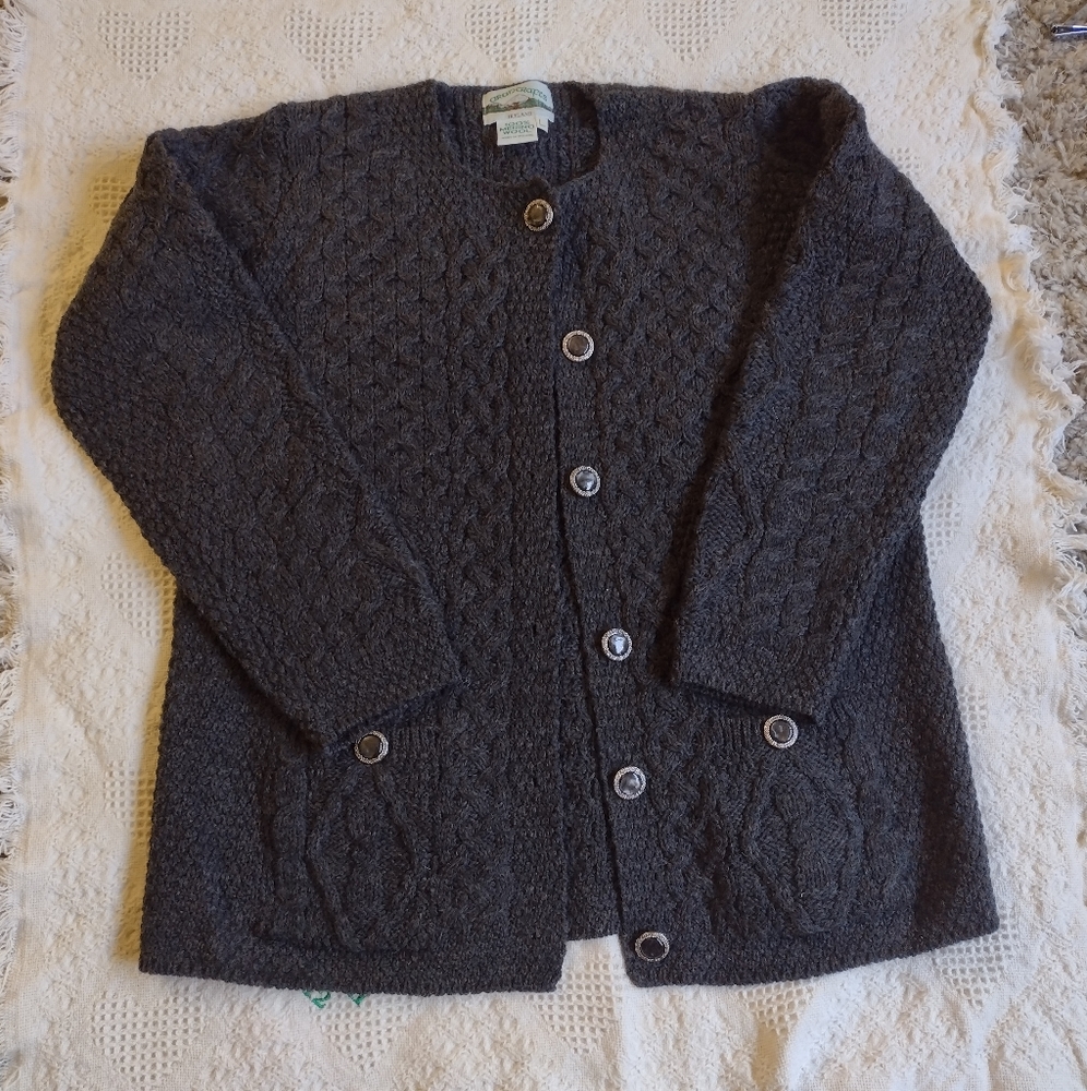 Aran Crafts Merino Wool Knit Cardigan Sweater Gray
